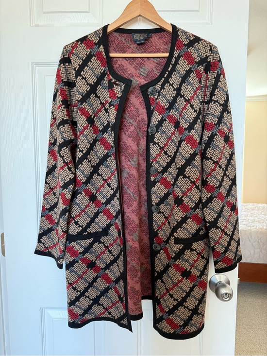 Pendleton Jackets & Blazers - PENDLETON Black, Red & Tan 100 Merino Wool Patterned Long Button Cardigan Jacket